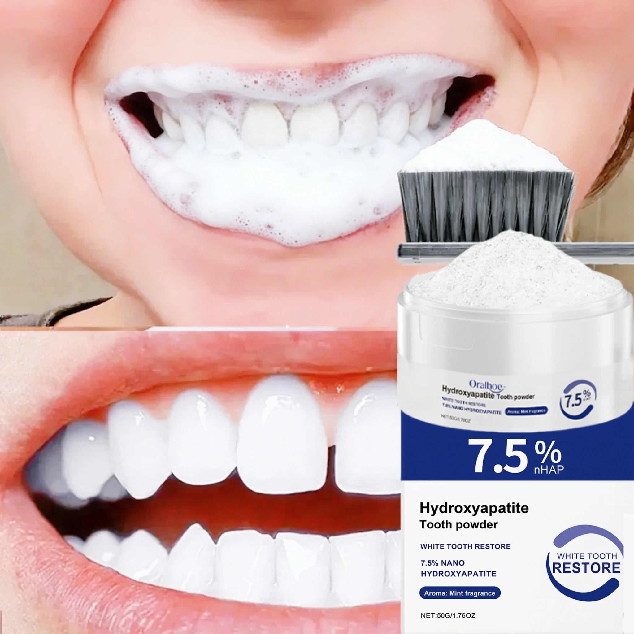 Oral Care Deep Cleaning Whitening Tooth Powder with 7.5% Hydroxyapatite - Remineralizing Cool Mint Enamel Repair Fresh Breath Main image