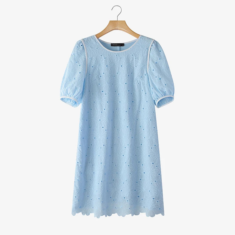 ZANZEA Summer Women's Openwork Embroidered Dresses O-Neck Half Puff Sleeve Contrast-Trim Knee-Length Dress Casual A-Line Robes