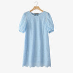 ZANZEA Summer Women's Openwork Embroidered Dresses O-Neck Half Puff Sleeve Contrast-Trim Knee-Length Dress Casual A-Line Robes