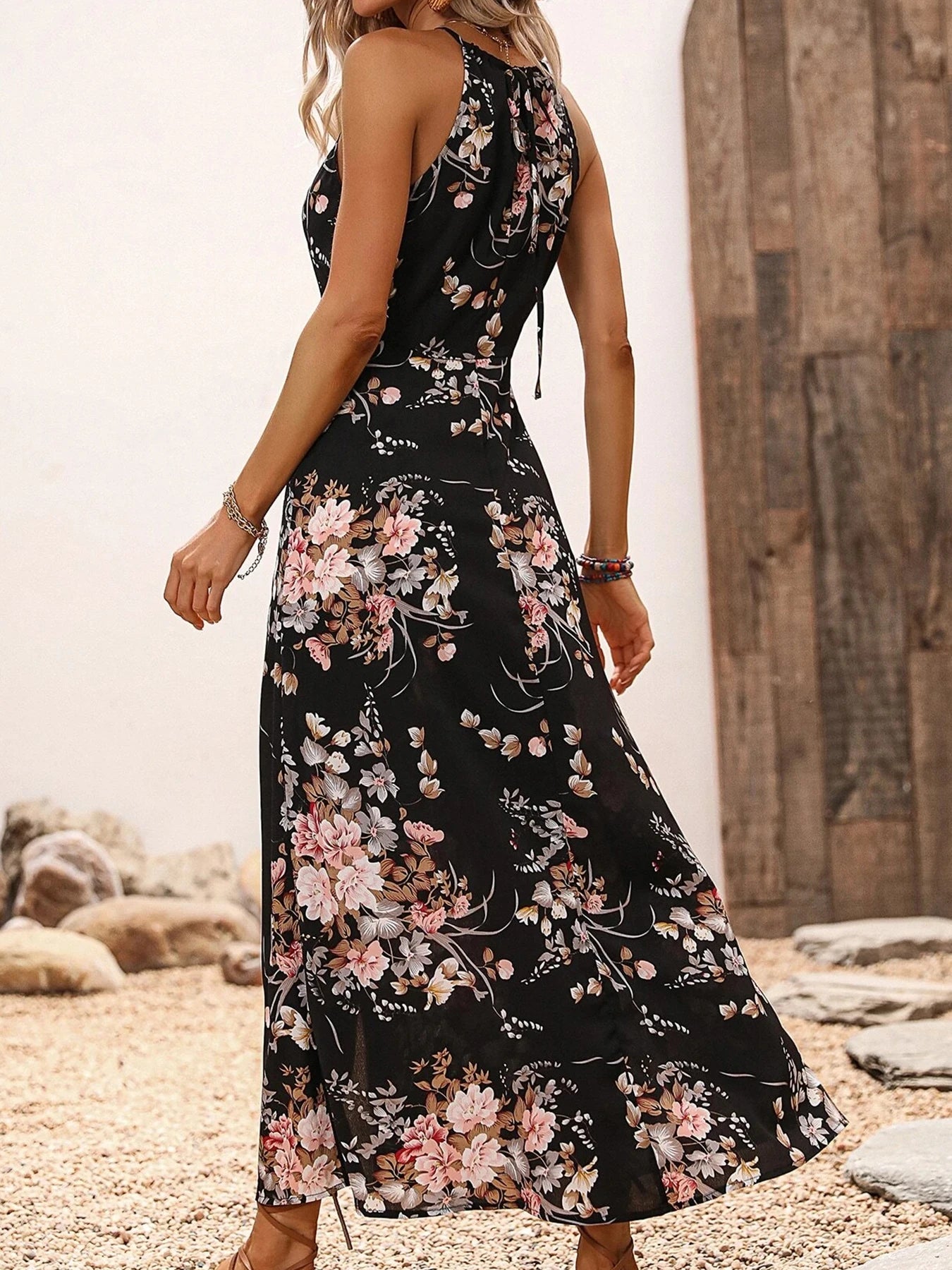 Women's Floral Print High Slit Thigh Halter Dress - Summer Sleeveless Sexy Bodycon Beach Party Clubwear Secondary image