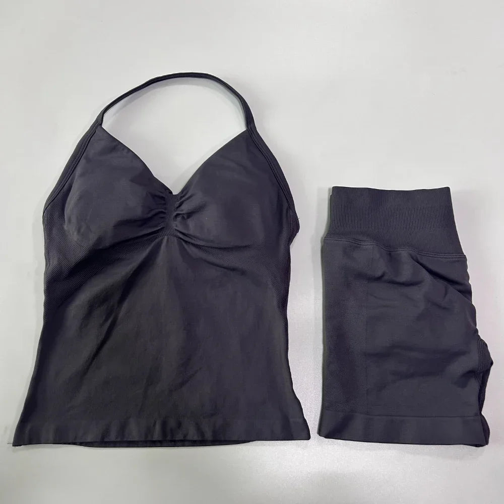 No Logo 2 Pieces Sports Set Women Backless Tank Tops High Waist Scrunch Seamless Shorts Gym Set Sportswear Workout Set Yoga
