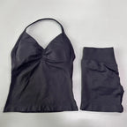 No Logo 2 Pieces Sports Set Women Backless Tank Tops High Waist Scrunch Seamless Shorts Gym Set Sportswear Workout Set Yoga