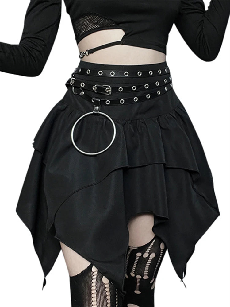 Summer Fashion Short Skirts New Sexy Women Gothic Punk Irregular Skirts Solid Color Drawstring Tie-Up Ruched Ruffles Mini Skirt