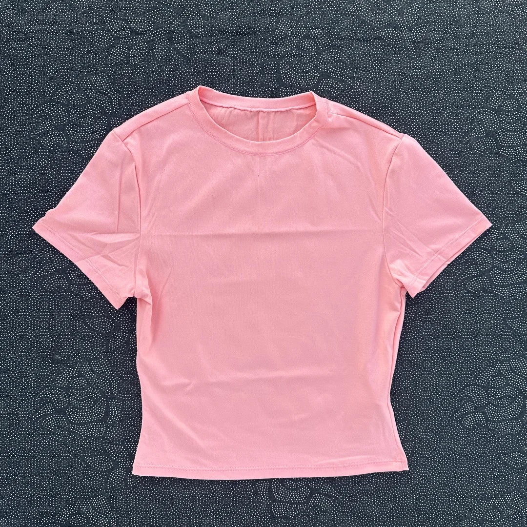Solid color women's soft breathable yoga short-sleeved comprehensive training tight T-shirt with exposed belly button fitness sh