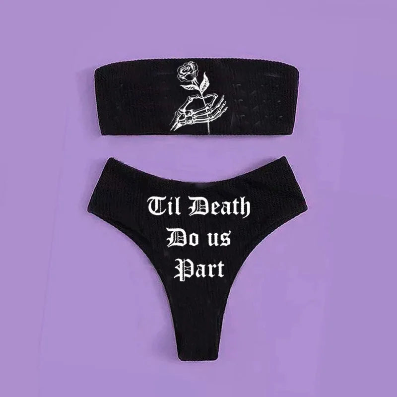 Gothic Bikini 2025 Women Skeleton Tube Top Bra Triangle Bottoms Swimsuit Split Bathing Suit Underwear Y2K Bikinis Punk Swimwear