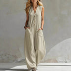 Jumpsuits women 2026 rompers Double-pocket casual linen cotton sleeveless long jumpsuits women's clothing