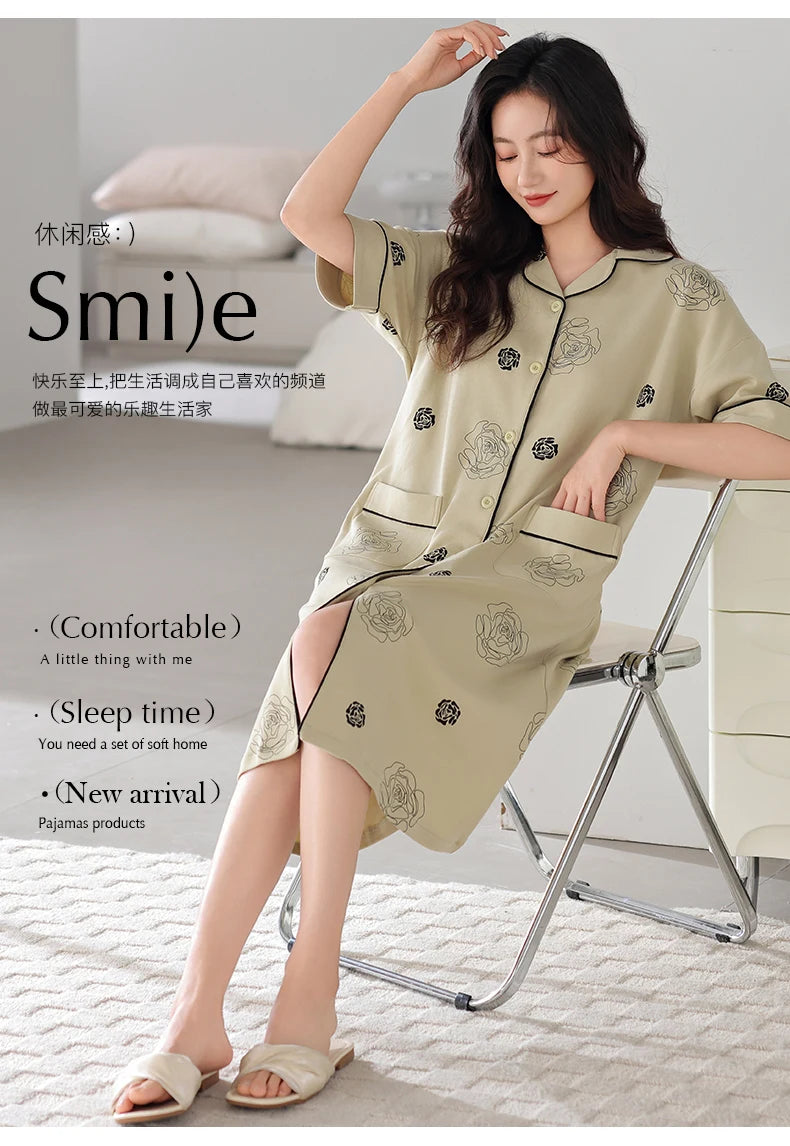 SUKAE Midi Nightdress M-5XL V-neck Bra Padded Botton Sleepshirt Plus Size Cotton Nightgowns Summer Women Short Sleeves Nightgown
