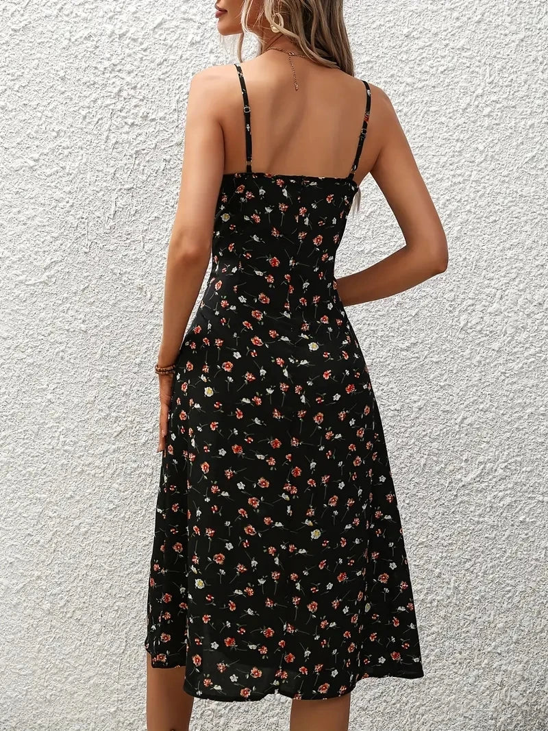 2024 Women Floral Print Spaghetti Straps Summer Boho Beach Dress Print Elegant  Suspenders Square Neck Slit Dress Vestidos Secondary image