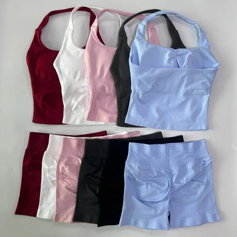 No Logo 2 Pieces Sports Set Women Backless Tank Tops High Waist Scrunch Seamless Shorts Gym Set Sportswear Workout Set Yoga