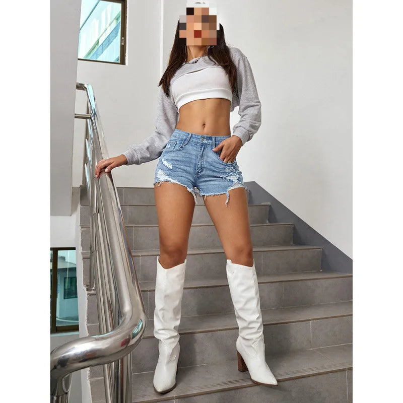 Women Ripped Denim Shorts Raw Hem Distressed A-line High Waist Summer Streetwear Skinny Hot Pants Fashion Leisure Clothing