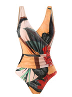 Summer retro digital printed lace up women's beach vacation one-piece swimsuit gauze skirt 2-piece set
