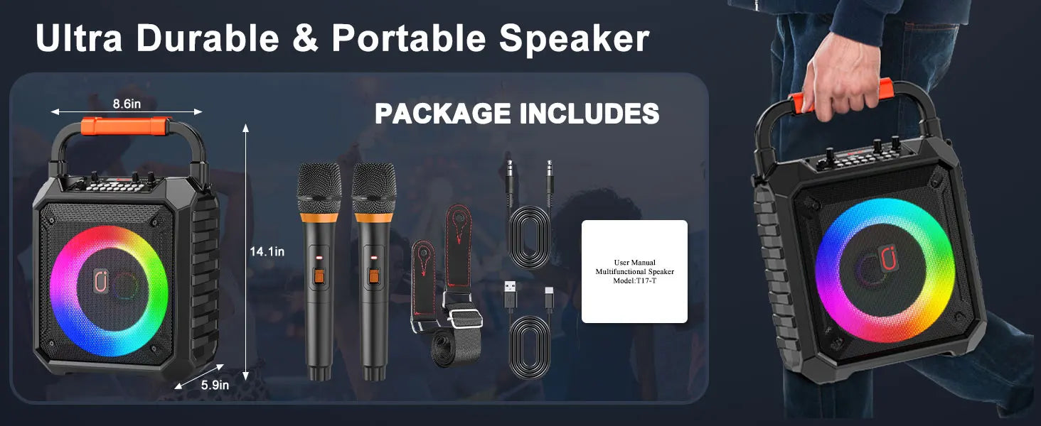 T17-T Karaoke Machine And Bluetooth earphones,Portable Speaker with LED Lights for Kids and Adults,Supports Bluetooth/USB/TF/AUX