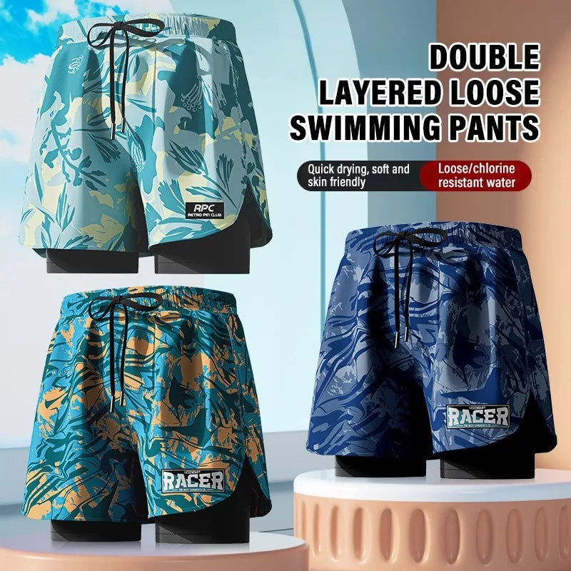 Adult Swimming Trunks Men Boxer Brief Swimsuit Set New Beach Adult Beach Shorts Quick Drying Surf Trunks with Lining Swim Pants