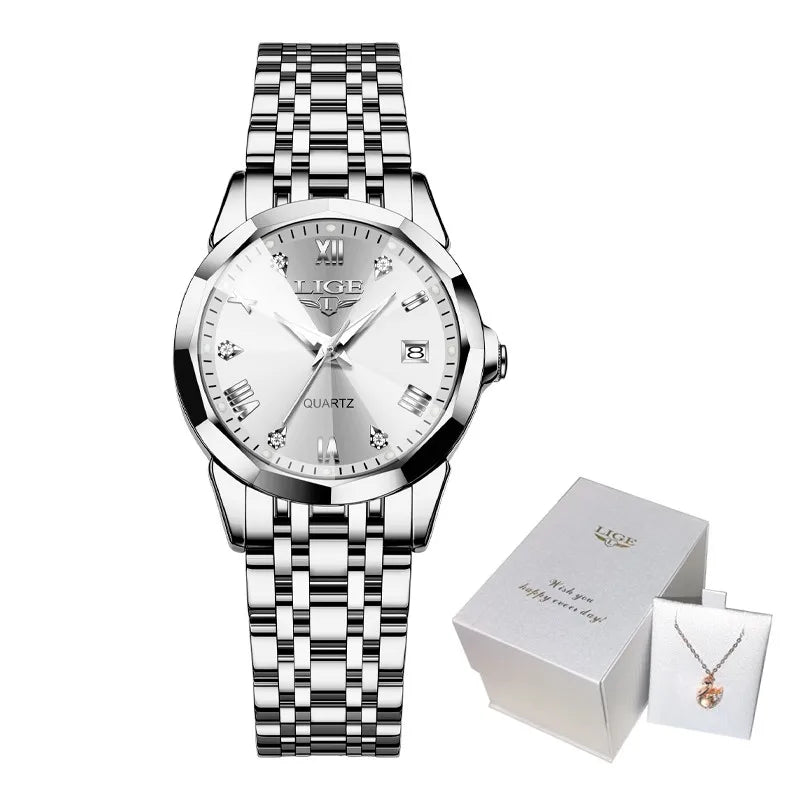 LIGE Elegant Ultrathin Nordic Simple Style Quartz Movement Women's Wristwatch Fashion Stainless Steel Bracelet Belt Woman Watch
