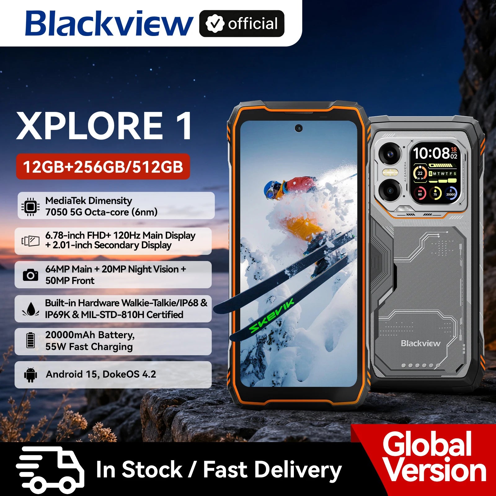 Blackview XPLORE 1 Outdoor Mobile Phone, 5G Waterproof Rugged Smartphone Android 15, 6.78'' 2.4K Display, 16GB+512GB, 20000mAh Main image