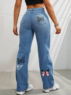 Butterfly Printing Denim Trousers Women Holes Jeans Straight Pants High Waist Loose Fit Vintage 2026 Casual Distressed Denims