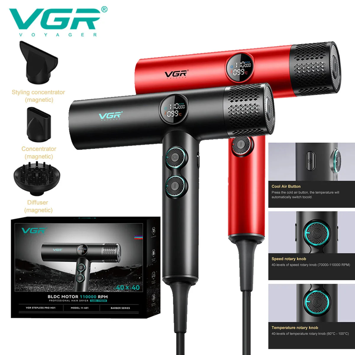 VGR Hair Dryer Professional Hair Dryer BLDC Motor Hair Styling Blow Dryer Machine 110000 RPM Negative Ion Salon Air Blower V-401 Main image