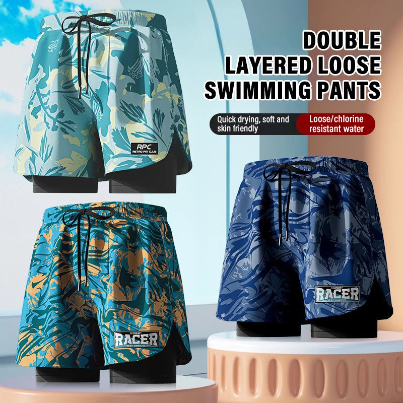 Adult Swimming Trunks Men Boxer Brief Swimsuit Set New Beach Adult Beach Shorts Quick Drying Surf Trunks with Lining Swim Pants