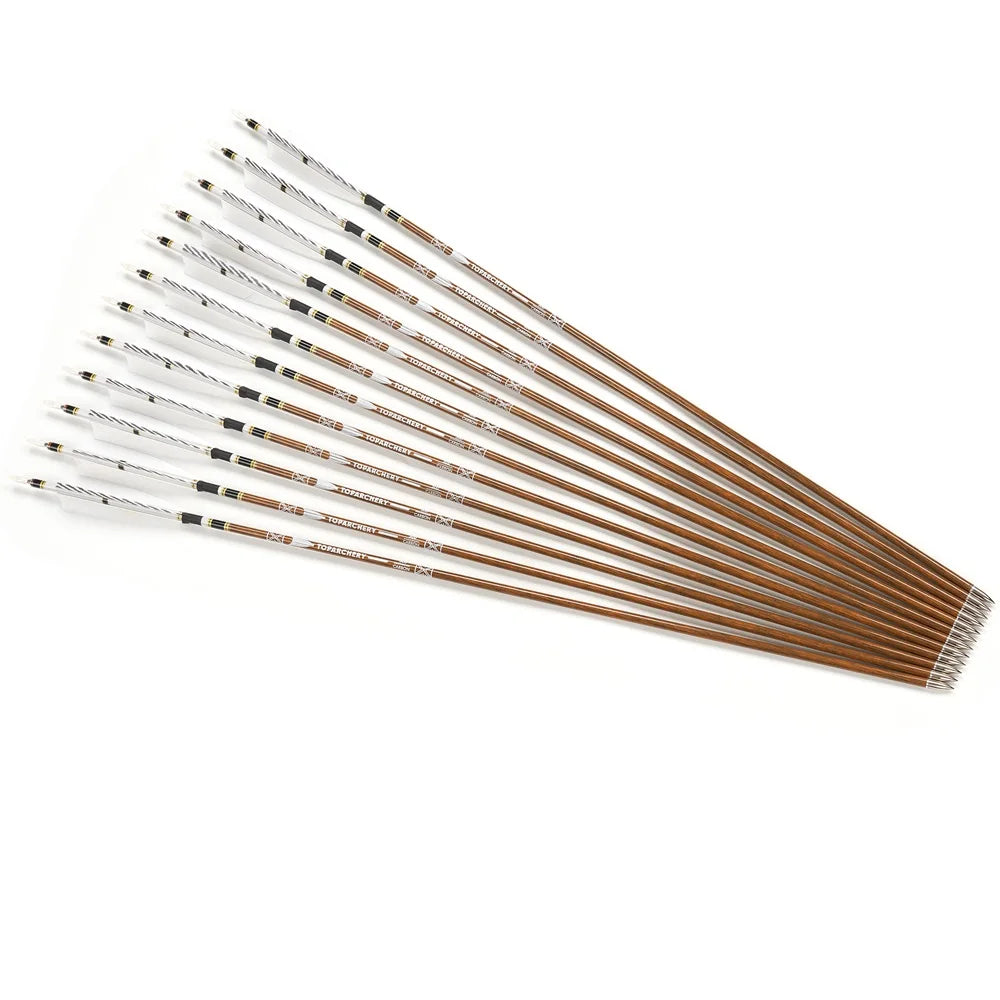 6/12/24pcs 32Inch Archery 100%Pure Carbon Arrows ID 6.2mm Wooden Shaft with 5'' Natural Feathers for Hunting Shooting