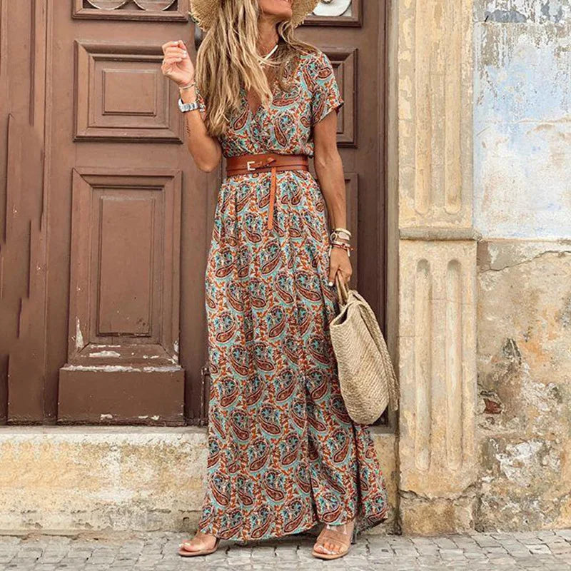 2024 Summer Bohemian Women's Long Dress V Neck Short Sleeve Floral Printed Beach Elegant Vintage Dress with Belt Secondary image