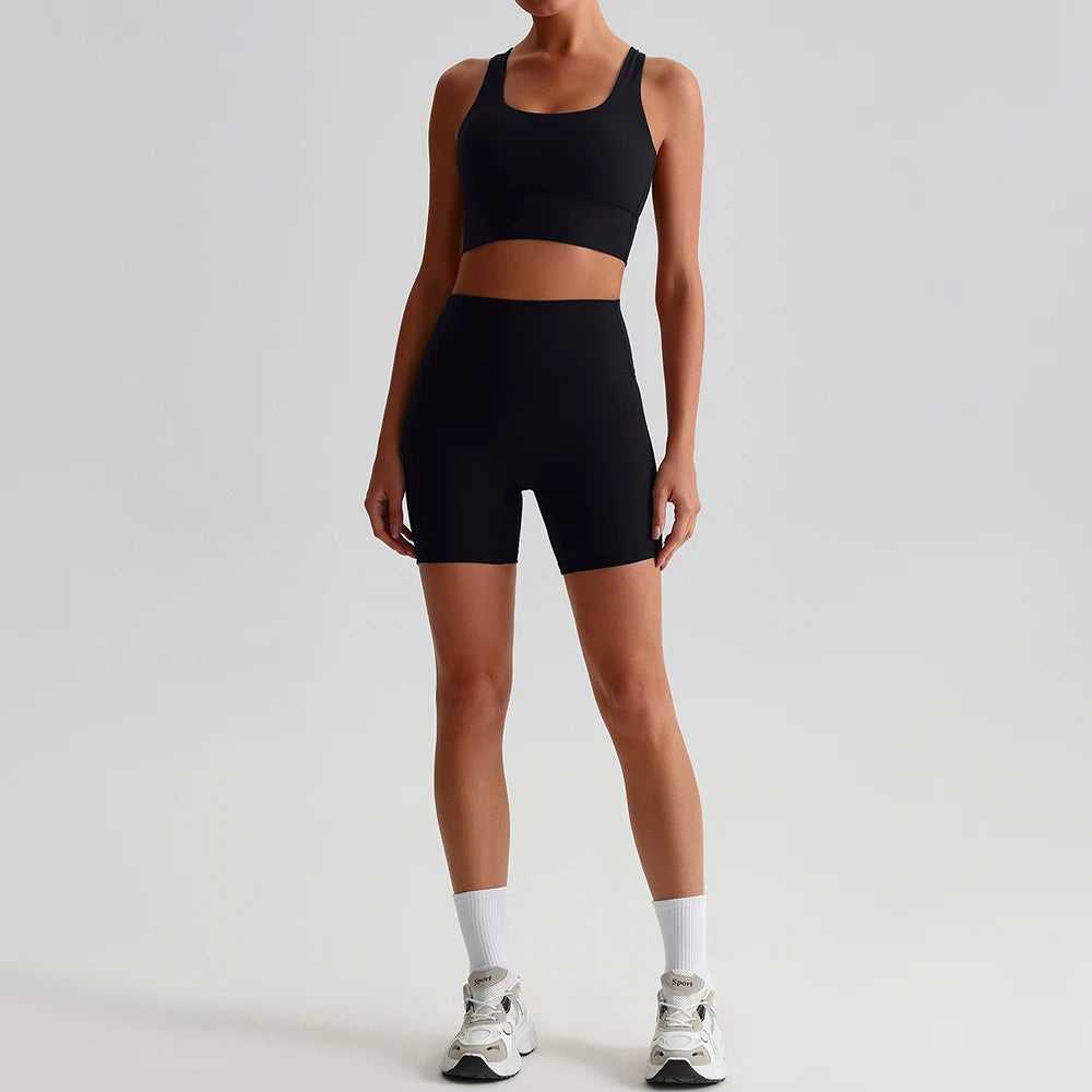 Buttery Soft Nylon Yoga Set Crisscross Back Sports Bra High Waist Biker Shorts 2 Piece Gym Set Workout Outfit Women Activewear