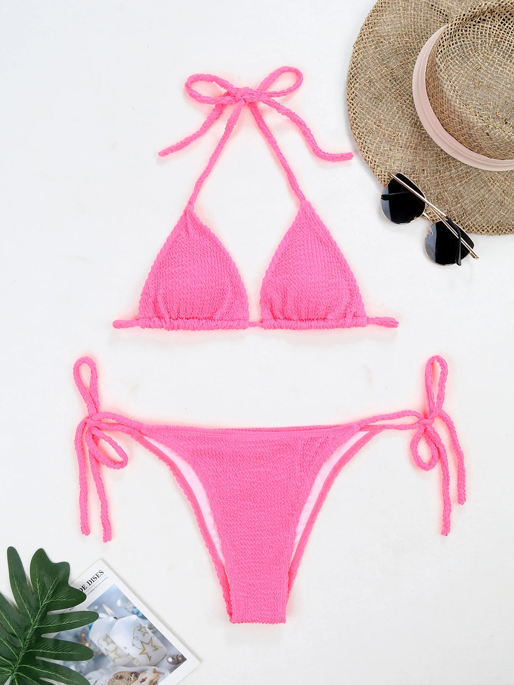 Summer wrinkled fabric special fabric wave strip sexy bikini women fluorescent strap split swimsuit women