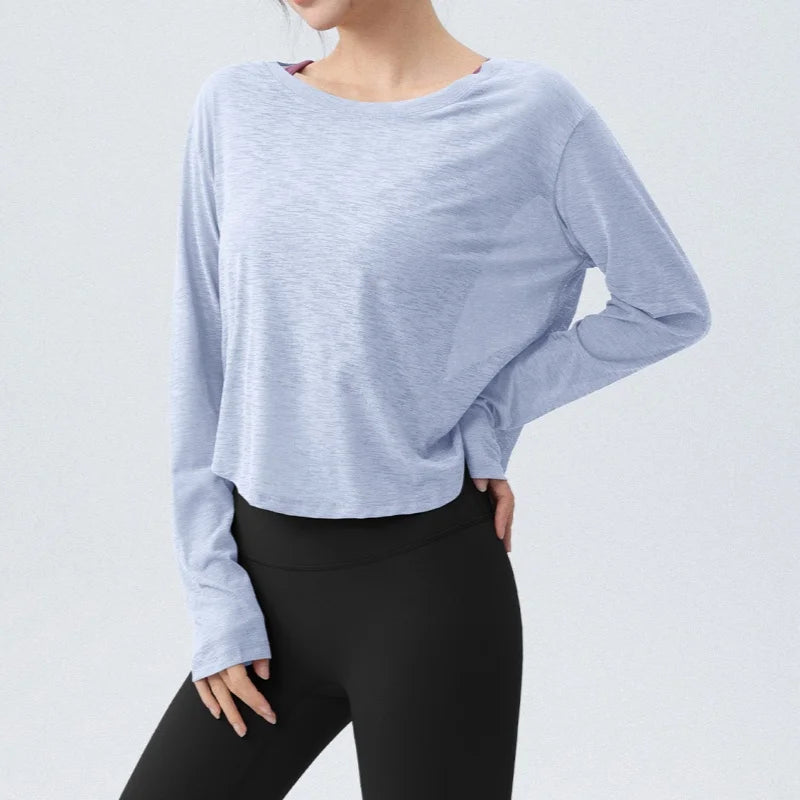 DRUR Women's Long Sleeve Yoga T-Shirts, Loose Fit Sports Fitness Crop Tops Casual Lightweight Thin Shirt For Gym Street Travel