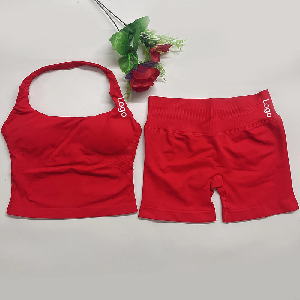 yoga outfits Women 2 pcs Sports DFNNYE Impact Set halterneck Backless Halter Top Seamless Scrunch Shorts Gym Workout Sports Suit