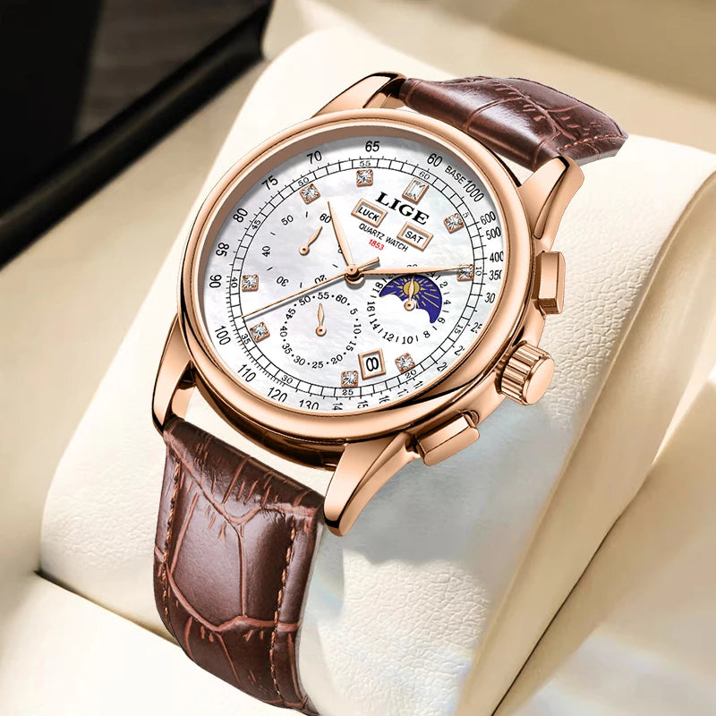 LIGE Retro Elegant Quartz Women's Wristwatches Simple Diamond Dial Fashion Casual Outdoor Date Waterproof Moon Phase Woman Watch
