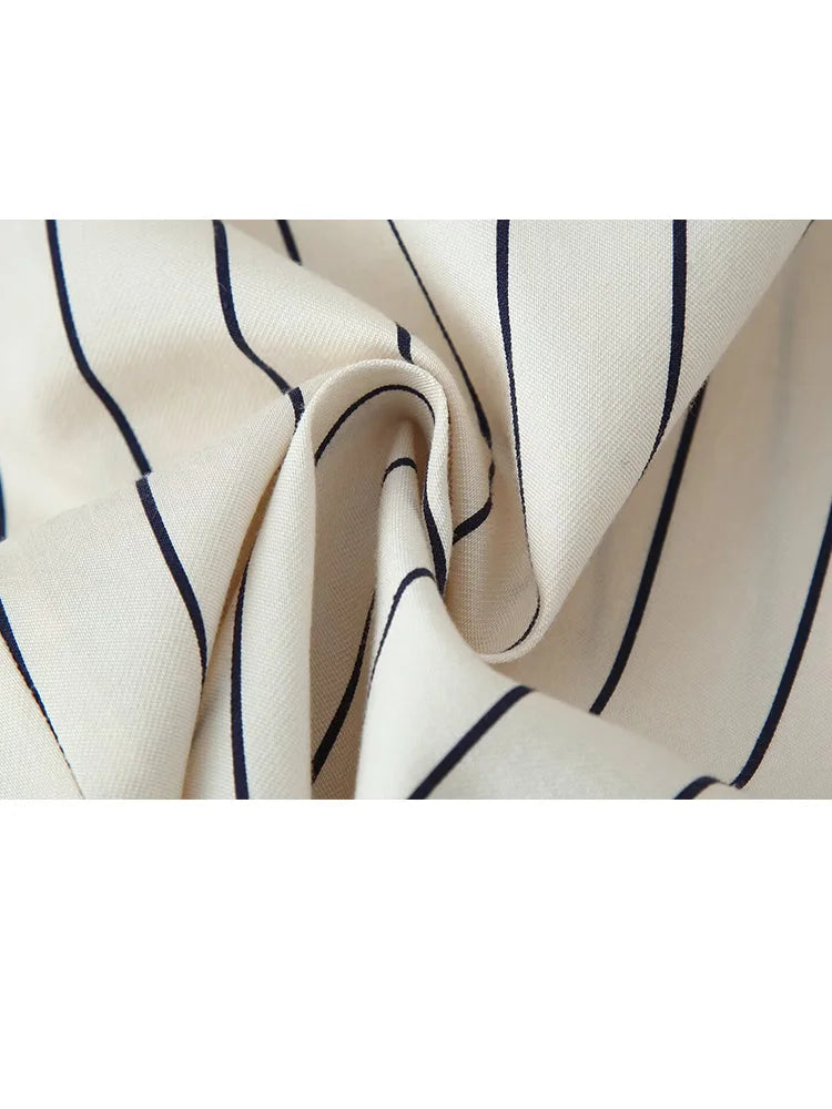 HH Women Spring New Fashion Vintage Versatile Beige Striped Puffy Sleeve Shirt+High Waisted Loose Pleated Casual Long Pants Set