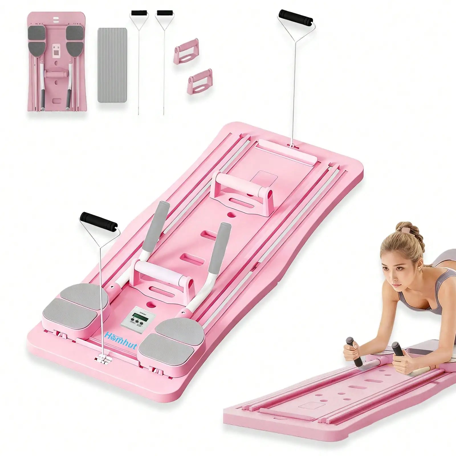 Multi-Functional Foldable Pilates Reformer Board with Counter, Full Body Abdominal Workout Sliding Trainer, Home Core Strength Exercise Equipment with Resistance Bands & Handles