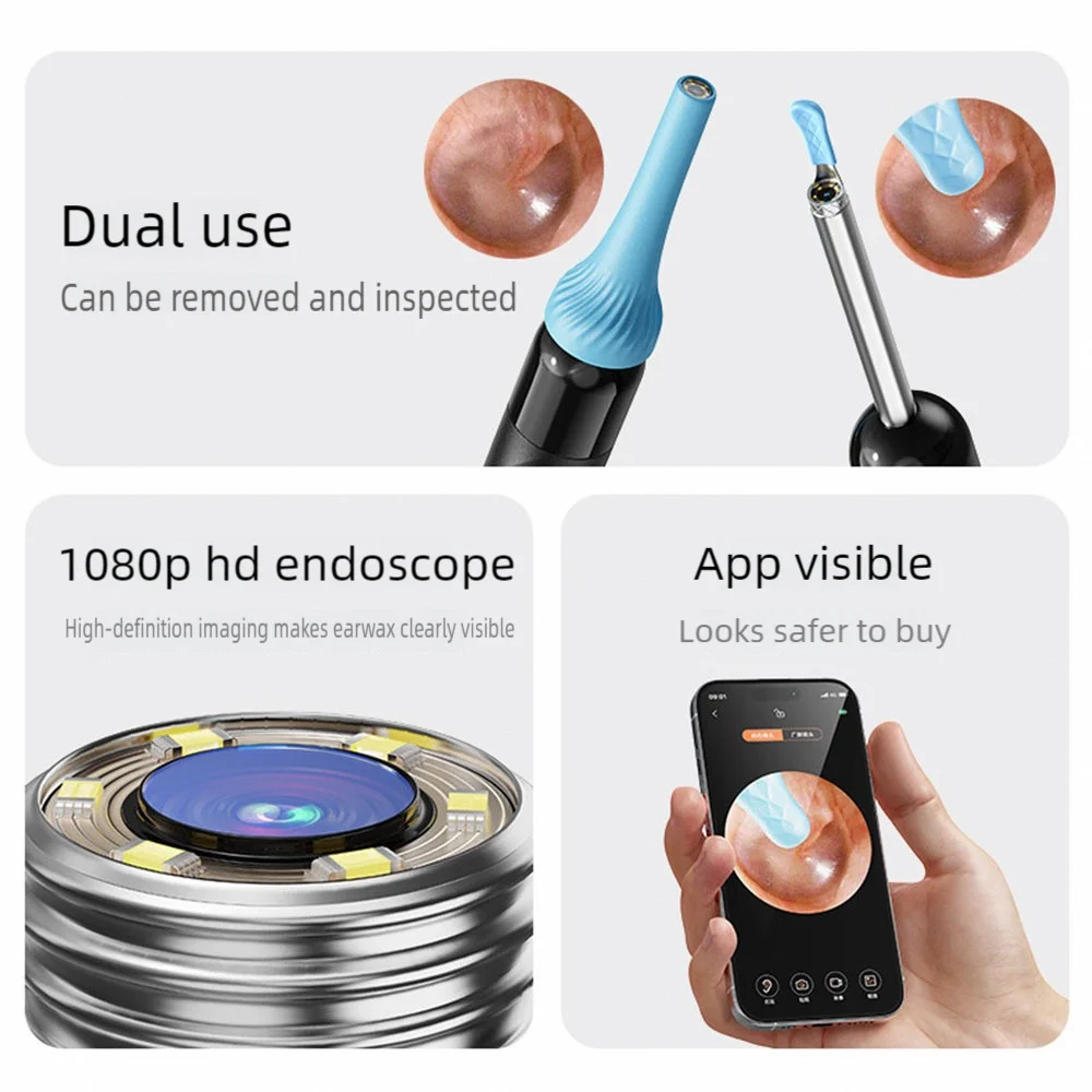 Wireless Ear Wax Removal with Camera Rechargeable Ear Cleaner 1080P Check Camera with Ear Spoon Set Canal Clean