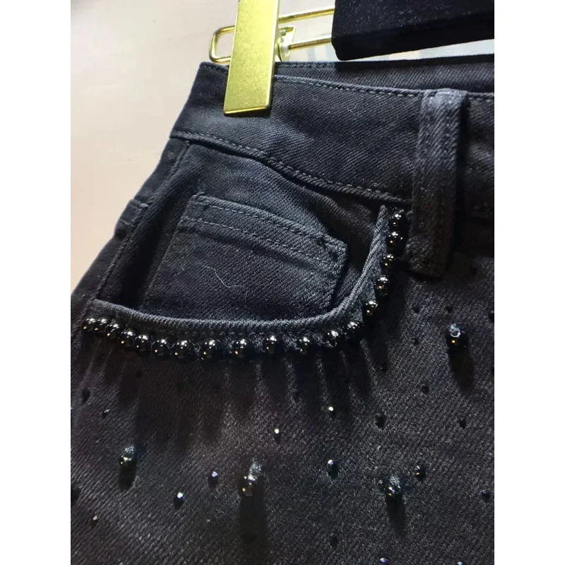 New Summer Denim Patchwork Hook Flower Hollow Lace Straight Leg Wide Leg Pants Casual High Waist Heavy Embroidery Rhinestone Secondary image