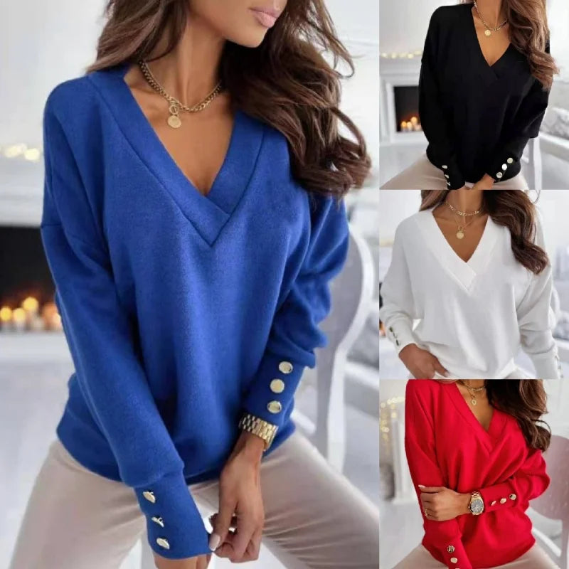 Spring Autumn Women Pure Soft Long Sleeve Sweater V-neck Fashion Jumper Office Lady Button Loose Casual Pullover Top Sweaters Main image