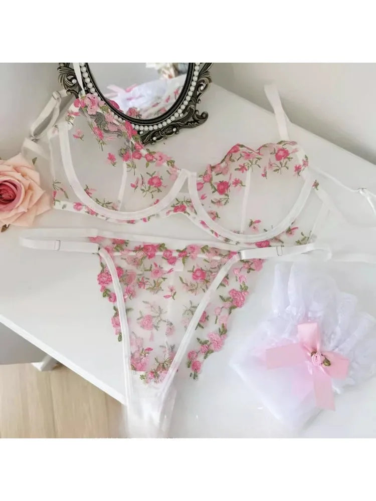 YUQI French Luxury Lingerie Set - Sexy Floral Embroidery Black Bra & Panty Set, Sheer Transparent Seductive Women's Intimates Secondary image