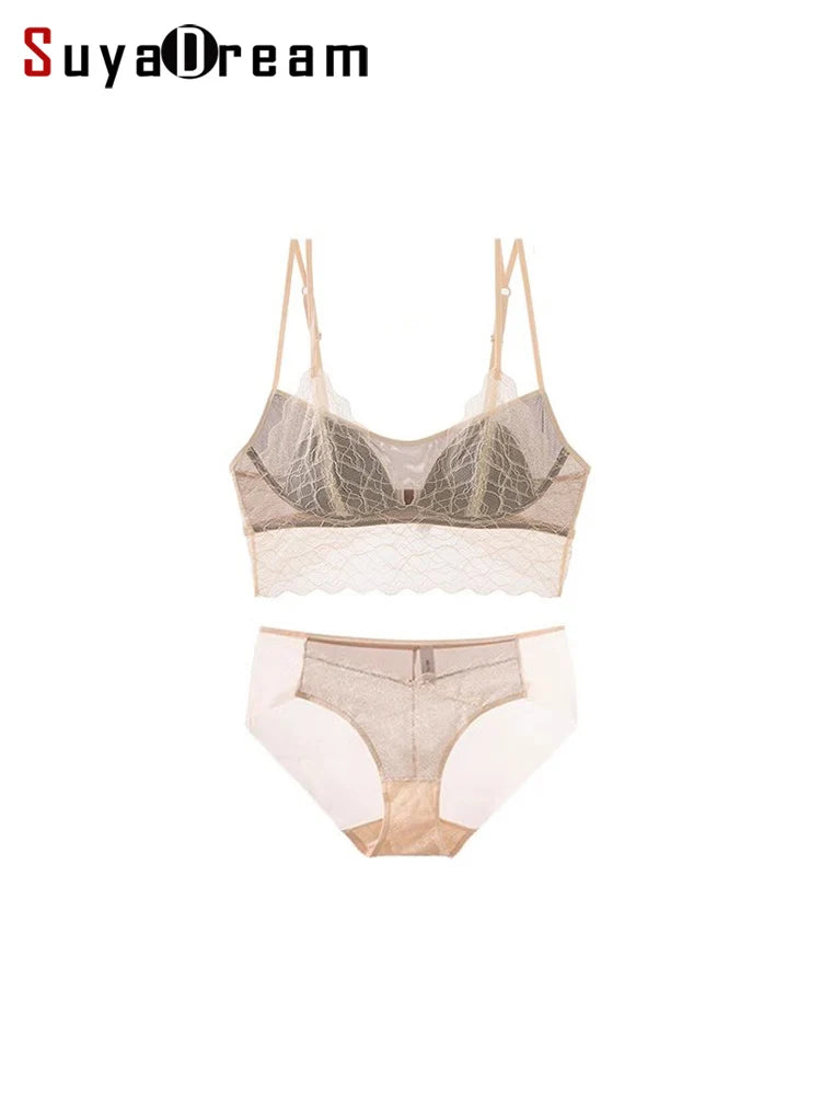 SuyaDream, Woman Lace Bra Set, Real silk Linings, Thin Mold Cup, Wire Free, Meshes Sheer Underwears, 2025 cozy Intimates