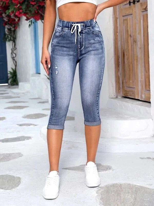 Hole Jeans Women Calf Length Pants Denim Fit High Waist Drawstring Pockets Vintage Pencil Trousers 2026 Streetwear Denims