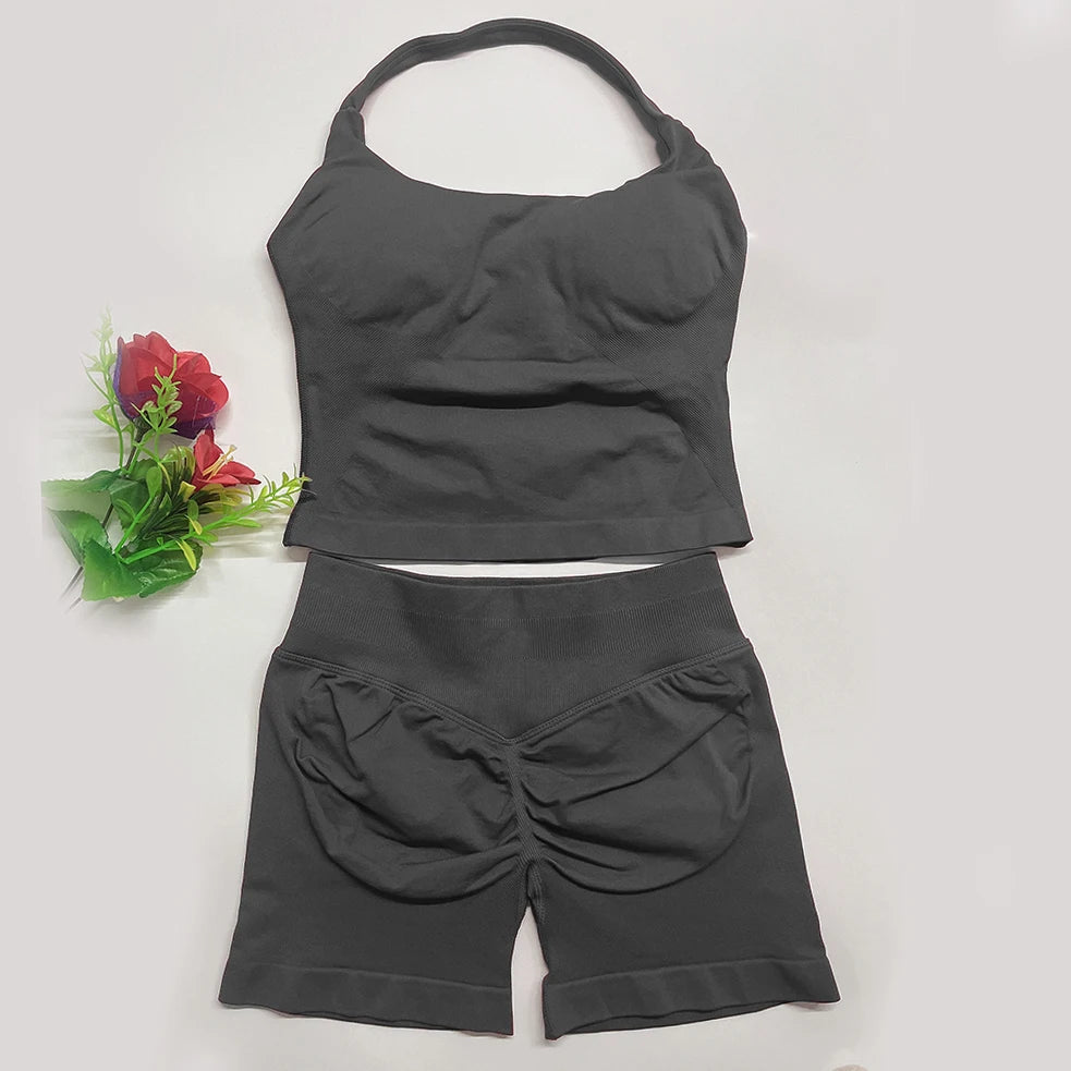 yoga outfits Women 2 pcs Sports DFNNYE Impact Set halterneck Backless Halter Top Seamless Scrunch Shorts Gym Workout Sports Suit