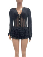 Beyprern Sexy Black Mesh Corset Jumpsuit Women Gothic Ruffle Layered Rompers Long Sleeve Sheer Bodysuit Nightclub Party Outfits