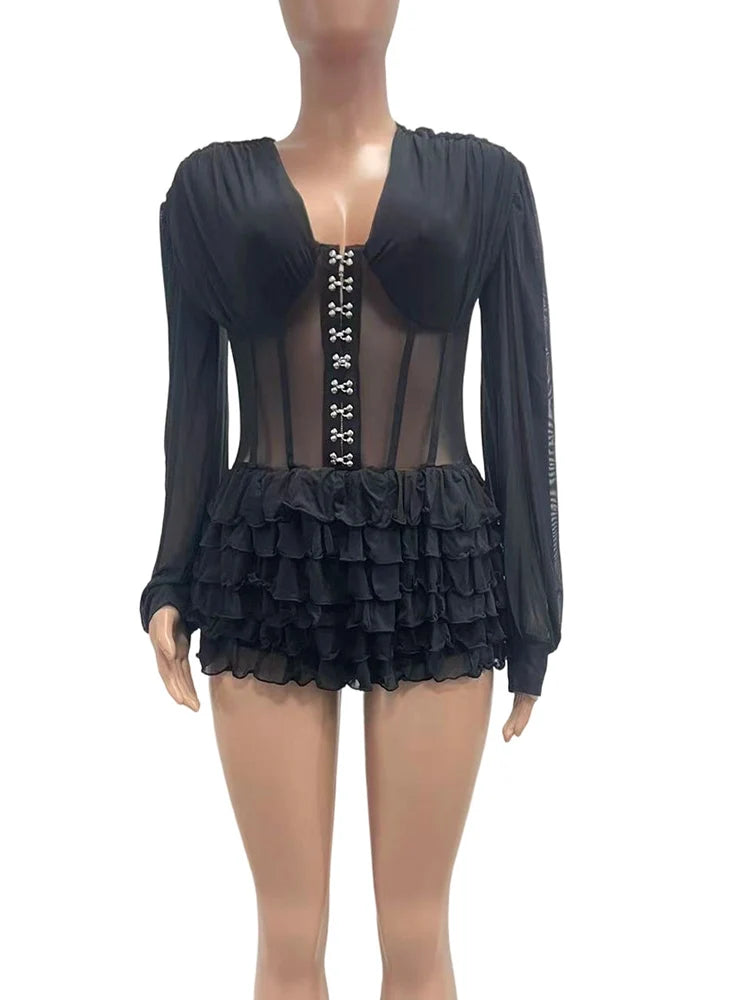 Beyprern Sexy Black Mesh Corset Jumpsuit Women Gothic Ruffle Layered Rompers Long Sleeve Sheer Bodysuit Nightclub Party Outfits