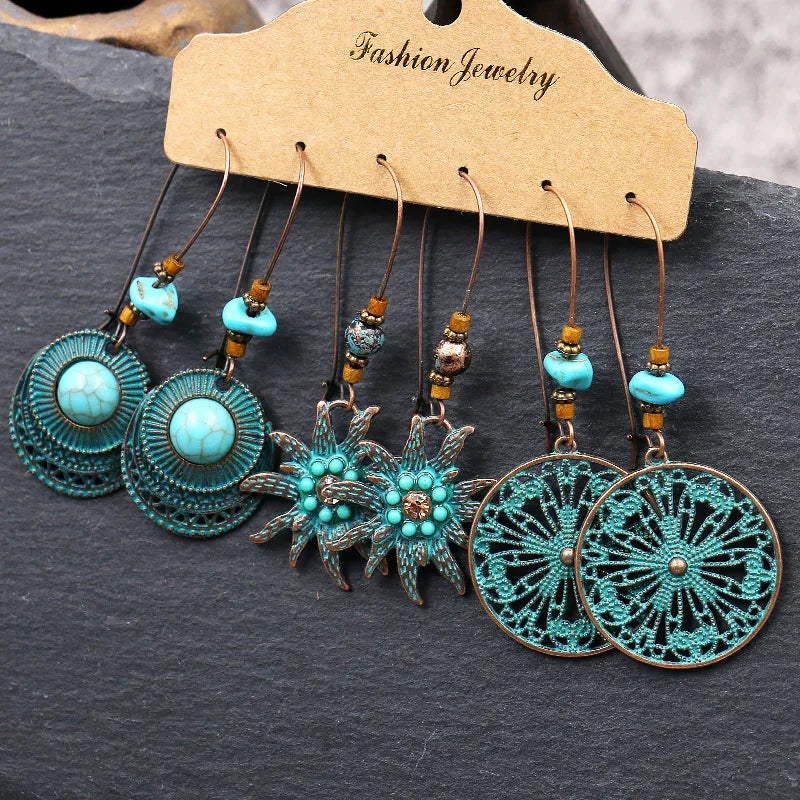 Boho 3Pcs/set Ethnic Leaf Bronze Earrings Set Vintage Hanging Earrings for Women Gypsy Statement Jewelry Accessories Pendientes