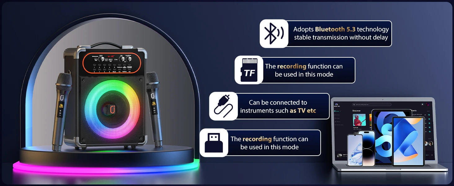 S68 Kara Ok with 2 Microphones, Portable Bluetooth 5.3 Kara Ok Speaker,Echo Adjustment, Supports Tv through Auxiliary Connection