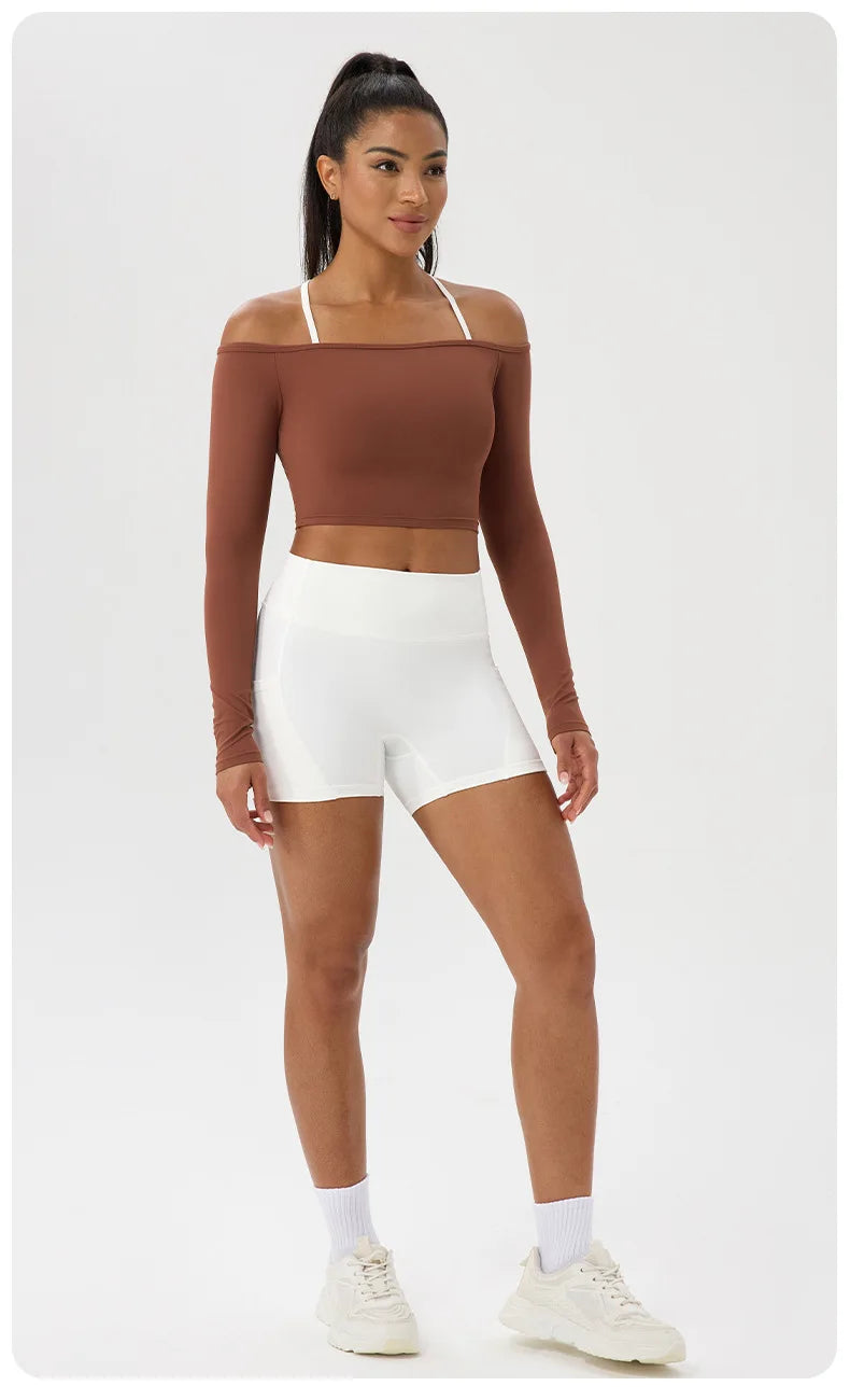 Yoga long-sleeved T-shirt women's one-shoulder sexy tight fitness wear top nude feel quick-drying sports sleeved Yoga Shirts