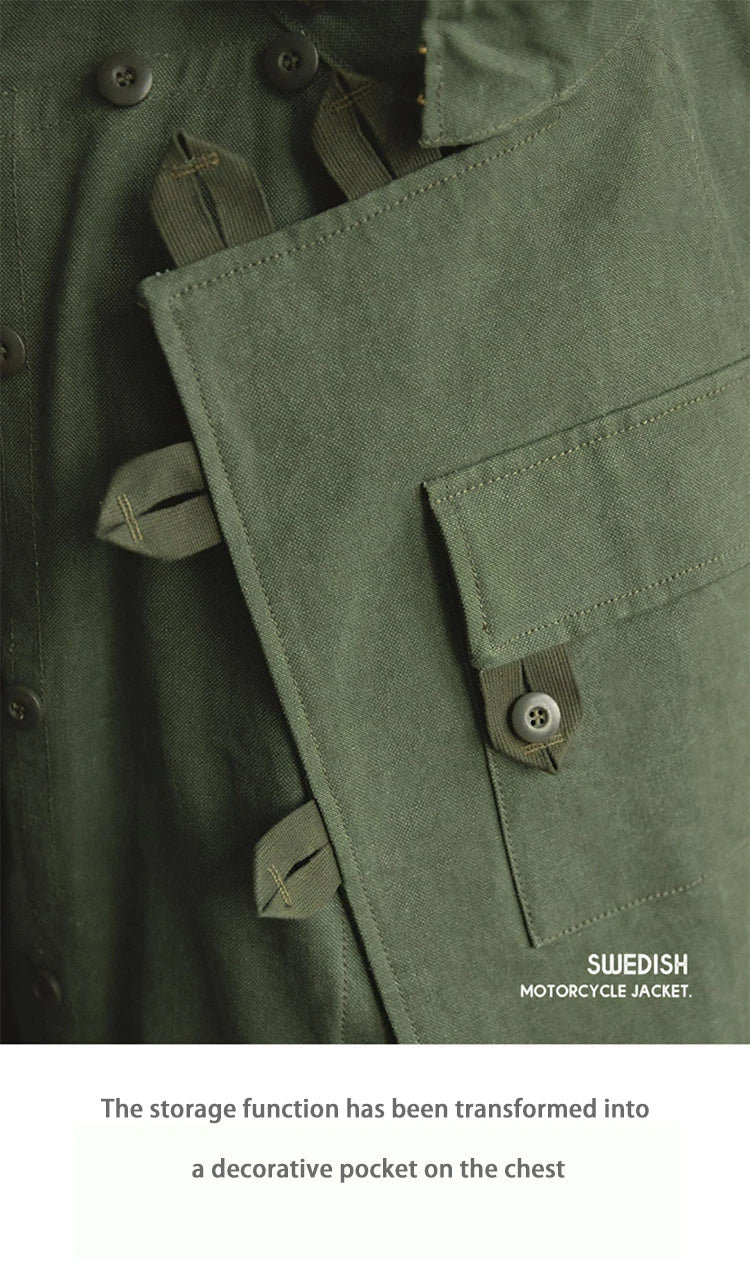 Swedish motorcycle jacket, men's retro military green casual cropped jacket, 100% cotton canvas workwear asymmetric safari style