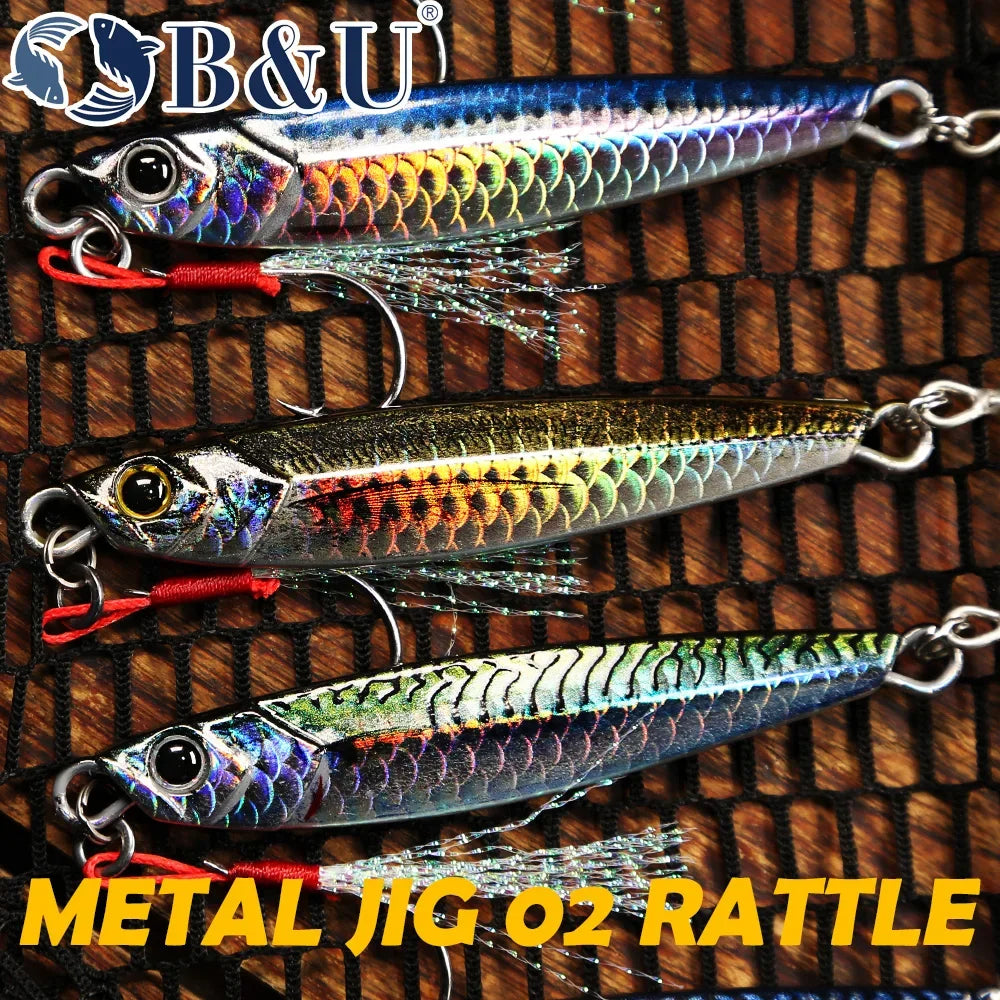 B&U Rattle Jig Sea Fishing Lures Metal Jig 40g 60g 80g Long Casting Lure Spinning Artificial Bait with Hook Spoon Fishing Tackle