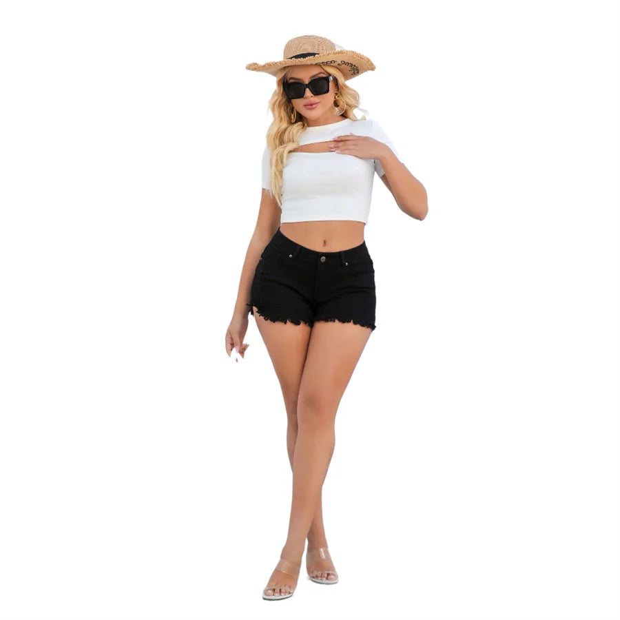 Benuynffy Solid Color High Waist Denim Shorts Women 2025 Summer New Casual Washed Retro Streetwear Frayed Hem Slit Jean Shorts