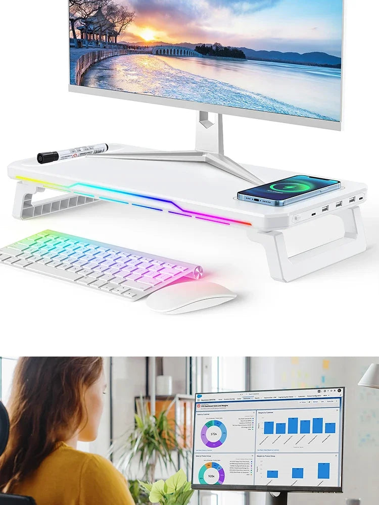 RGB Light Effect Rechargeable Desktop Monitor Height Stand 3 USB 2.0 Port Universal Laptop Storage Rack With Wireless Charging