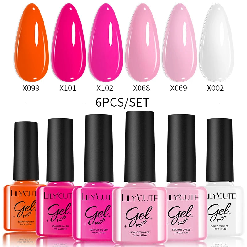 LILYCUTE 6PCS Gel Nail Polish Set Summer Neon Nail Gel Kits For DIY Nail Vernis Semi Permanent UV Lamp Gellak Nail Varnish Set