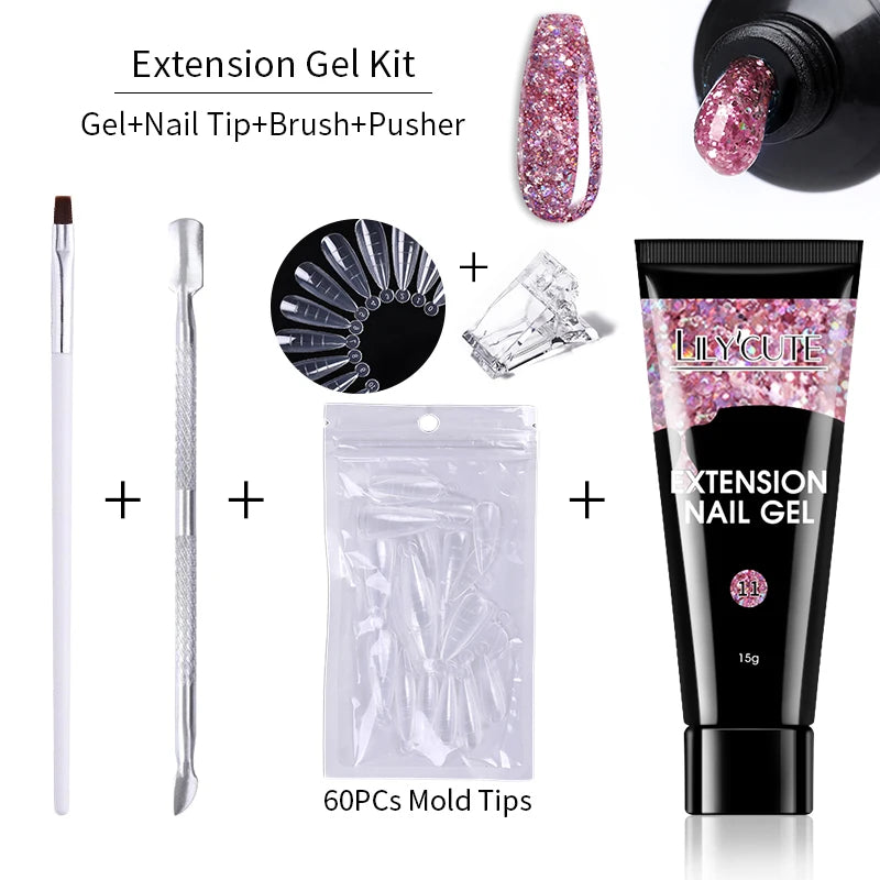 LILYCUTE 15ml Extension Gel Nail Polish Set Quick Nail Prolong With Extend Mold Nail Tips Acrylic Solution Manicure Tools Kit