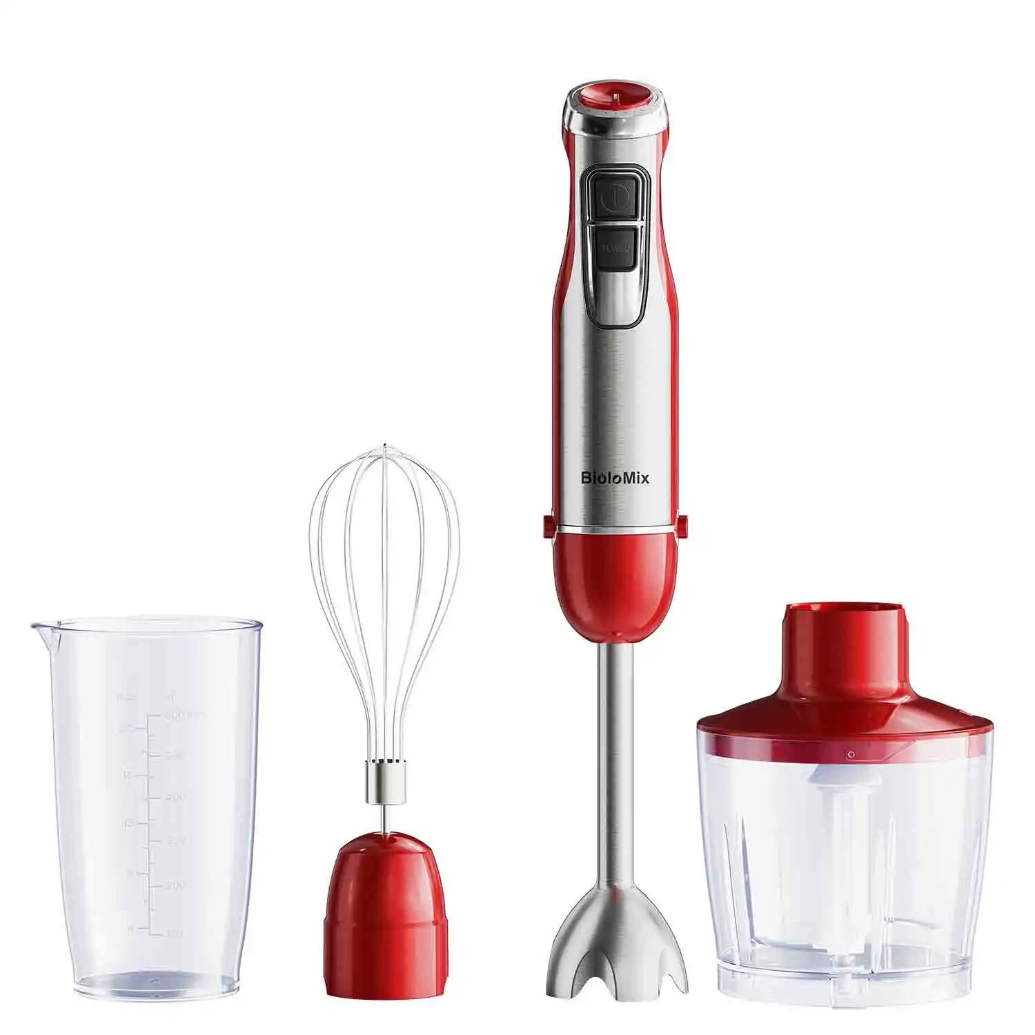 BioloMix 4-in-1 Hand Stick Blender, 1200W Stainless Steel - Immersion Mixer with Chopper Smoothie Cup Ice Blades for Baby Food